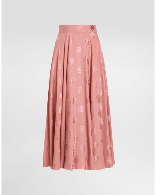Dolce & Gabbana Pink Silk Jacquard Calf-Length Circle Skirt With Dg Logo