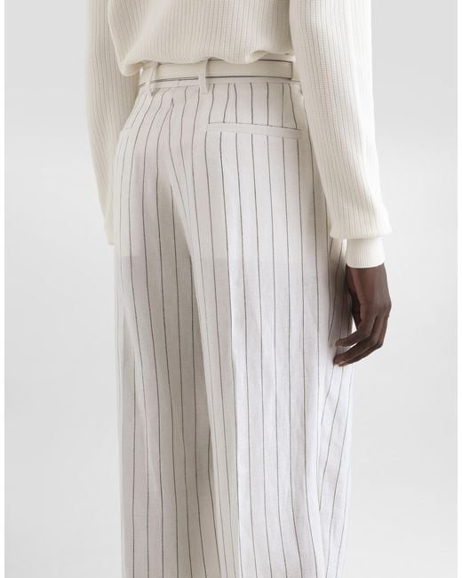 Dolce & Gabbana White Pinstripe Linen-Blend Pants With Double Darts for men