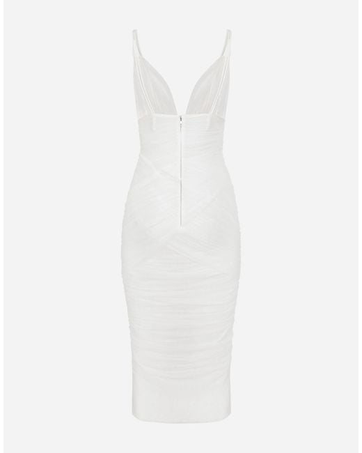 Dolce & Gabbana White Tulle Draped Calf-Length Dress