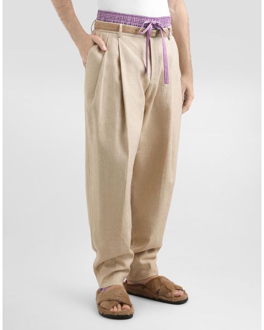 Dolce & Gabbana Natural Hemp And Silk Trousers With Tweed Effect for men