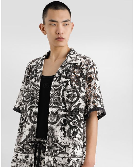 Dolce & Gabbana White Majolica-Print Hawaii Crochet Lace Shirt for men