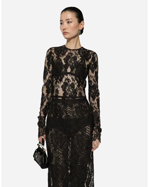 Dolce & Gabbana Black Calf-Length Floral Lace Dress