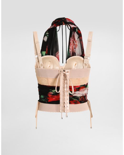 Dolce & Gabbana Red Marquisette And Chiffon Corset Top With Floral