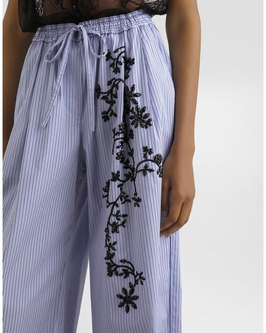 Dolce & Gabbana Blue Striped Poplin Trousers With Flowers Embroidery