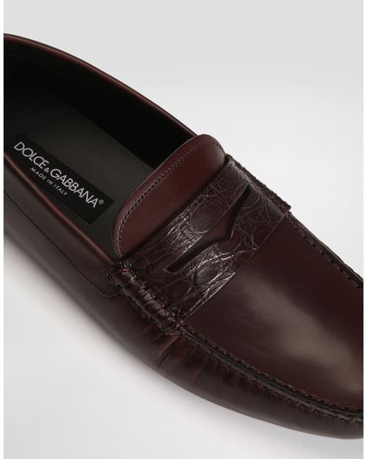 Dolce & Gabbana Brown Dg Driver Calfskin Slipper With Crocodile Inserts for men
