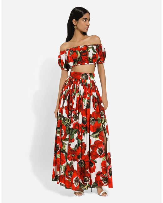 Dolce & Gabbana Red Long Anemone-Printed Cotton Circle Skirt