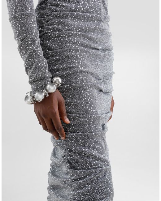 Dolce & Gabbana Gray Sequined Draped Calf-Length Dress