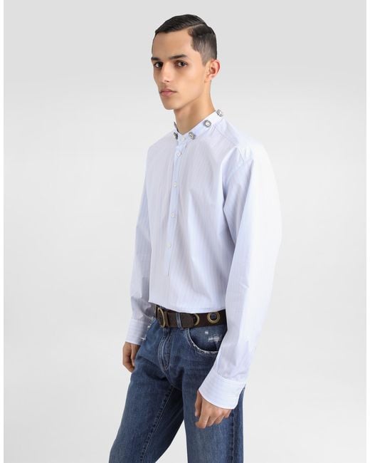 Dolce & Gabbana White Cotton Shirt With Bejeweled Detailing for men