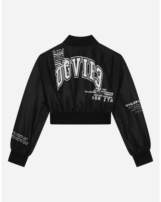 Dolce & Gabbana Black Short Satin Bomber Jacket With Dg Vib3 Print