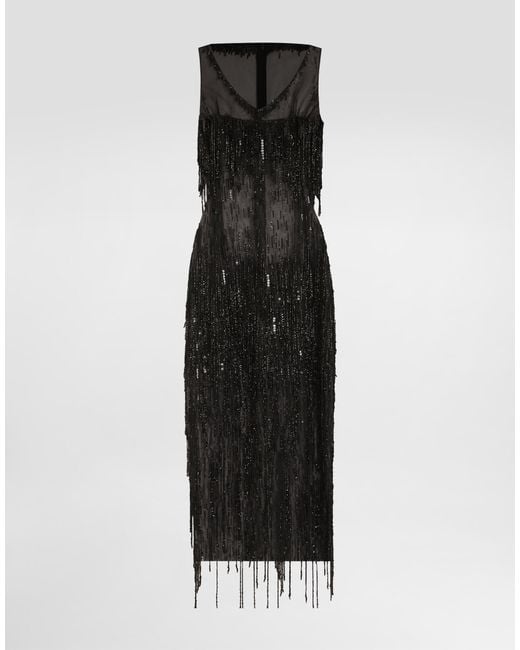 Dolce & Gabbana Black Sleeveless Calf-Length Marquisette Dress With Sequined Fringing
