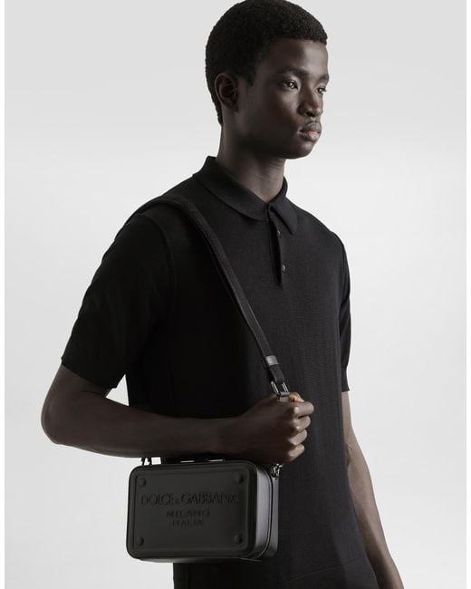 Dolce & Gabbana Black Calfskin Crossbody Bag with Raised Logo for men