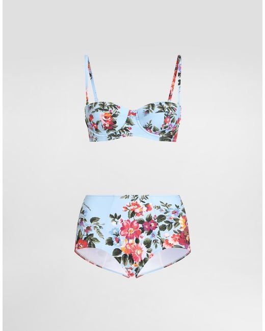 Dolce & Gabbana White Flower Bouquet-Print Balconette Bikini