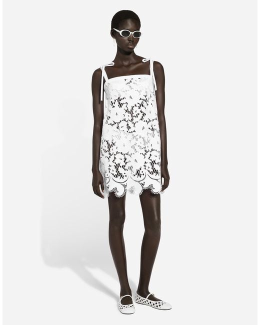 Dolce & Gabbana White Cotton Minidress With Floral Openwork Embroidery