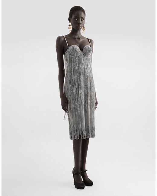 Dolce & Gabbana Gray Marquisette Calf-Length Dress With Sequined Fringing