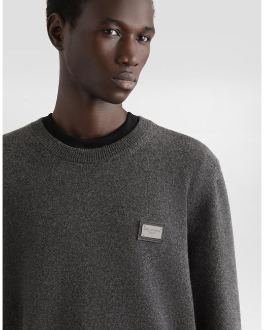 Dolce & Gabbana Gray Wool Round-Neck Sweater With Branded Tag for men