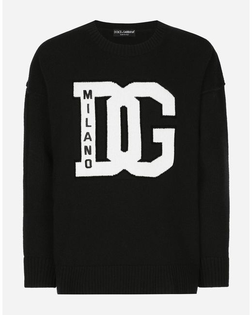 Dolce & Gabbana Black Wool Round-Neck Sweater With Dg Inlay for men