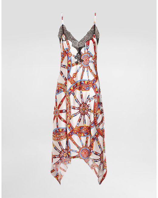 Dolce & Gabbana White Silk Satin Dress With Carretto-Print