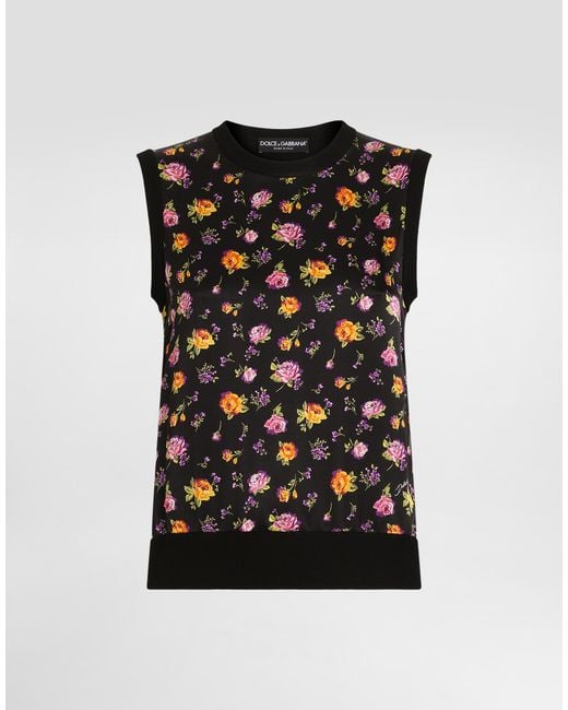 Dolce & Gabbana Black Small Rose Bouquets-Print Silk Tank Top
