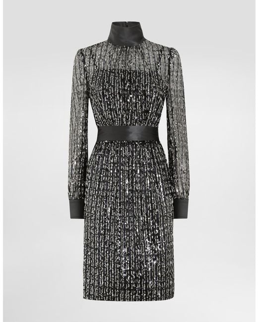 Dolce & Gabbana Gray Midi Dress With Vertical Sequin Stripe Embroidery