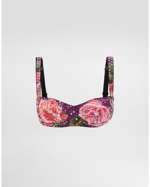 Dolce & Gabbana Pink Sequin-Embroidered Cady Balconette Bra With Rose