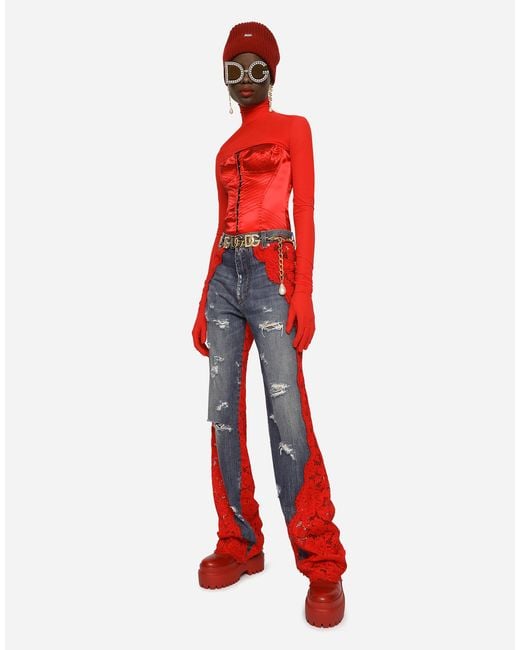 Dolce & Gabbana Red Satin Corset With Top-Stitching And Hook-And-Eye Fastenings