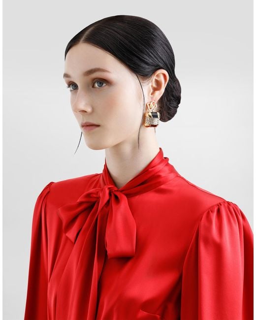 Dolce & Gabbana Red Silk Satin Shirt Dress With Pussy-Bow