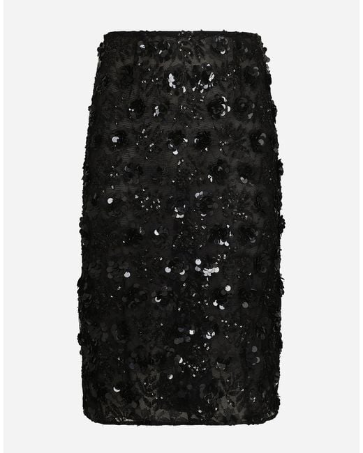 Dolce & Gabbana Black Lace Calf-Length Skirt With All-Over Sequins