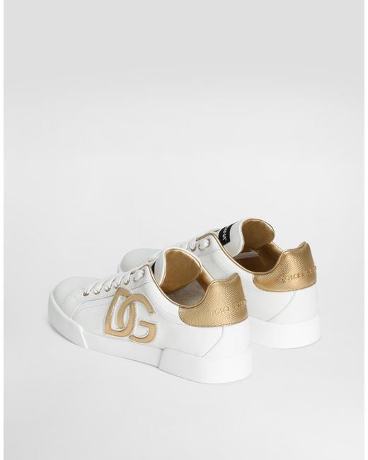 Dolce & Gabbana White Calfskin Portofino Sneakers With Dg Logo