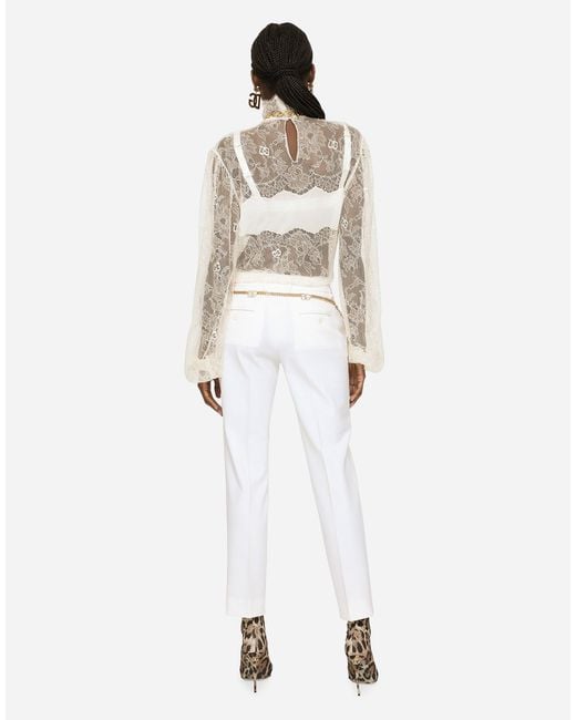 Dolce & Gabbana White Floral Lace Turtle-Neck Blouse