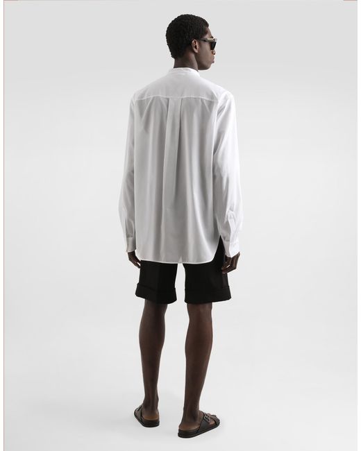 Dolce & Gabbana White Cotton Canvas Mandarin Shirt for men