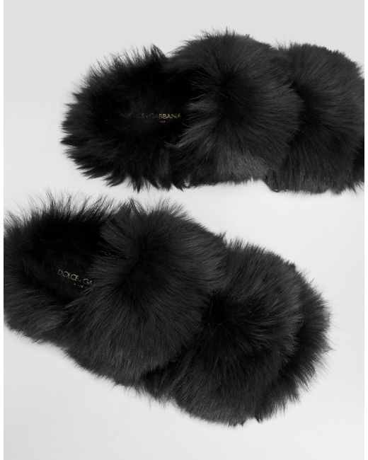 Dolce & Gabbana Black Shearling Slides