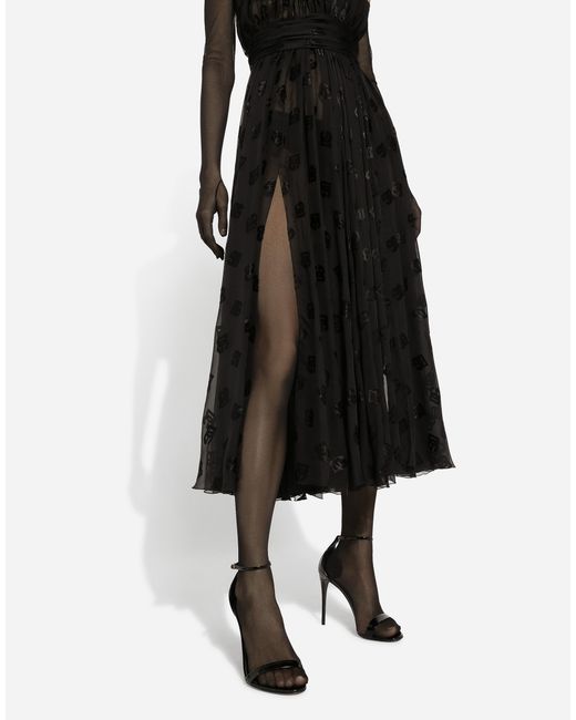 Dolce & Gabbana Black Dévoré Satin Calf-Length Dress With All-Over Dg Logo