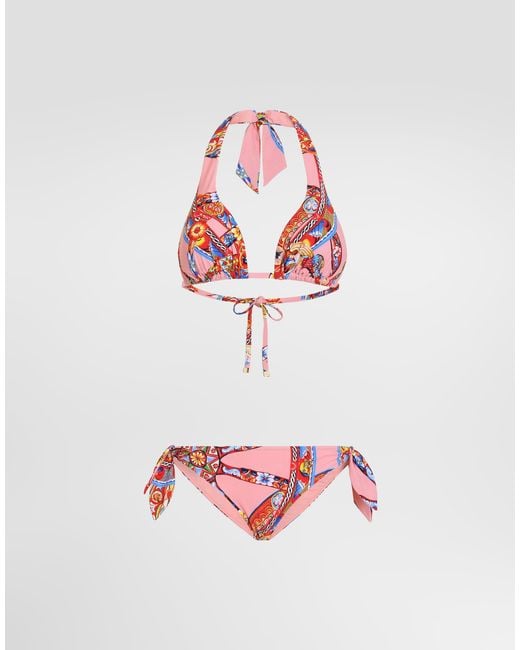Dolce & Gabbana Red Carretto-Print Triangle Bikini