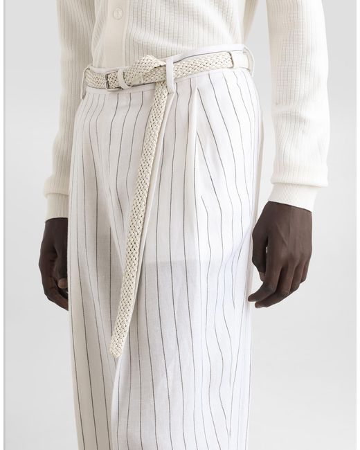 Dolce & Gabbana White Pinstripe Linen-Blend Pants With Double Darts for men
