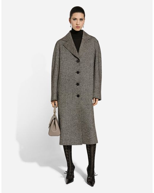Dolce & Gabbana Gray Single-Breasted Wool Herringbone Coat