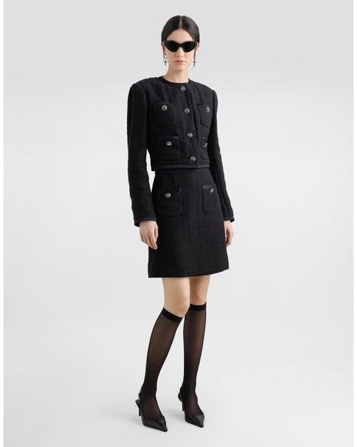 Dolce & Gabbana Black Cropped Single-Breasted Raschel Tweed Jacket With Bejeweled Buttons
