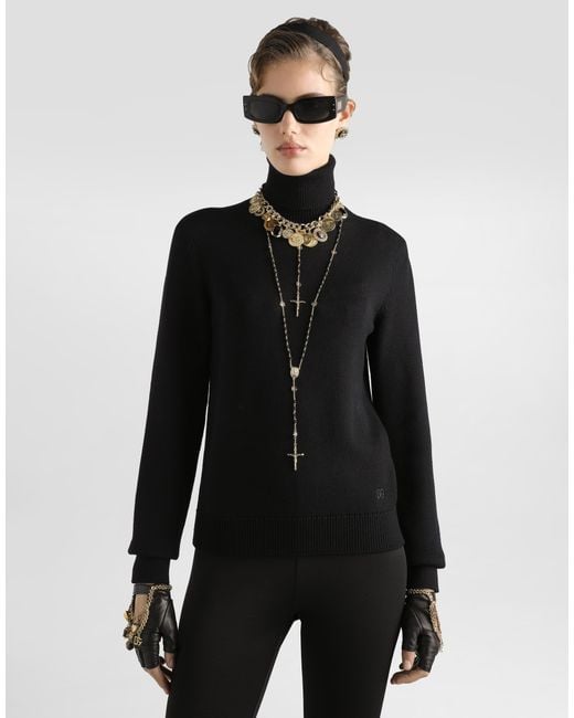 Dolce & Gabbana Black Wool Turtle-Neck Sweater With Dg Logo Embroidery