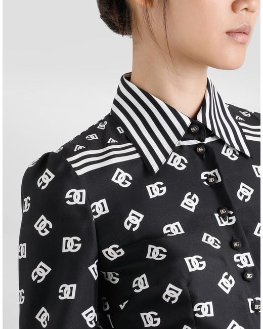 Robe-Chemise Mi-Longue En Sergé À Imprimé Logo Foulard Logo Dg All-Over Dolce & Gabbana en coloris Black