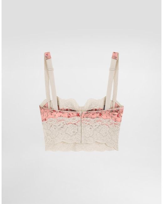 Dolce & Gabbana Pink Small Rose-Print Satin And Lace Balconette