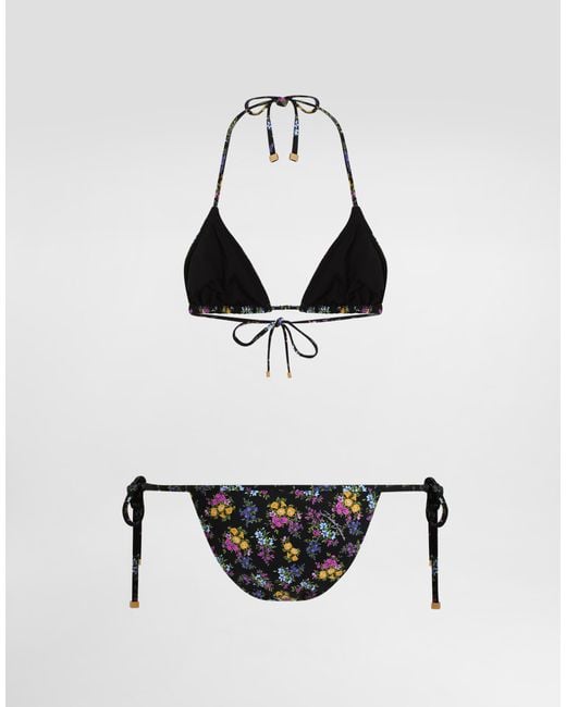 Dolce & Gabbana White Small Floral-Print Triangle Bikini