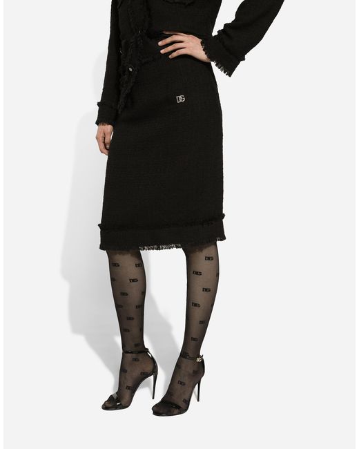 Dolce & Gabbana Black Tweed Midi Skirt With Dg Logo