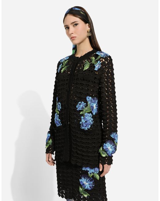 Dolce & Gabbana Black Crochet Cardigan With Bluebell Embroidery