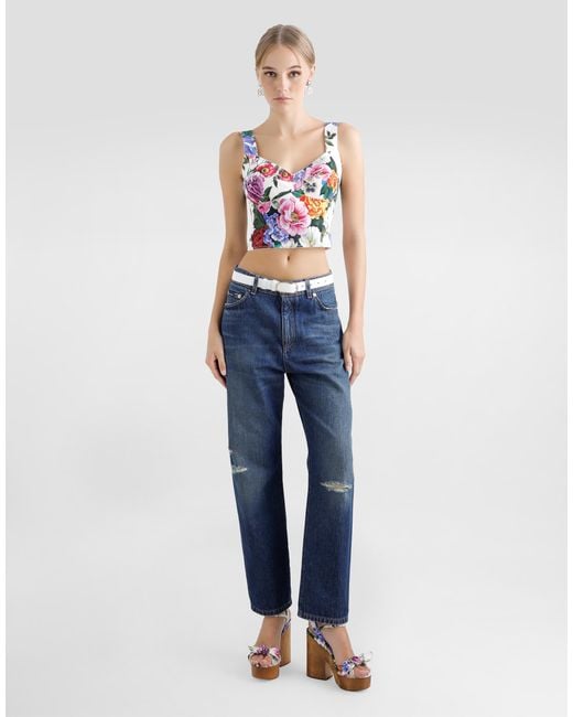 Dolce & Gabbana White Cotton Corset Top With Floral