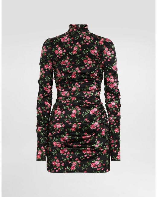 Dolce & Gabbana Black Small Rose Bouquets-Print Long Satin Dress