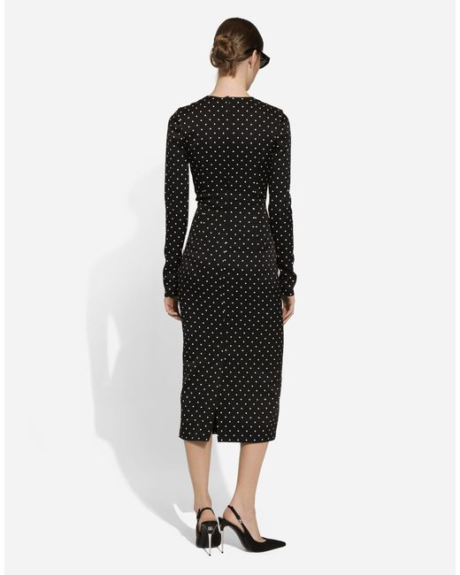 Dolce & Gabbana ドットプリント シャルムーズ ロンゲット シースドレス Black