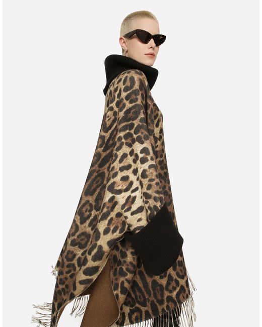 Dolce & Gabbana Brown Poncho Aus Wolle Und Kaschmir Mit Fransen