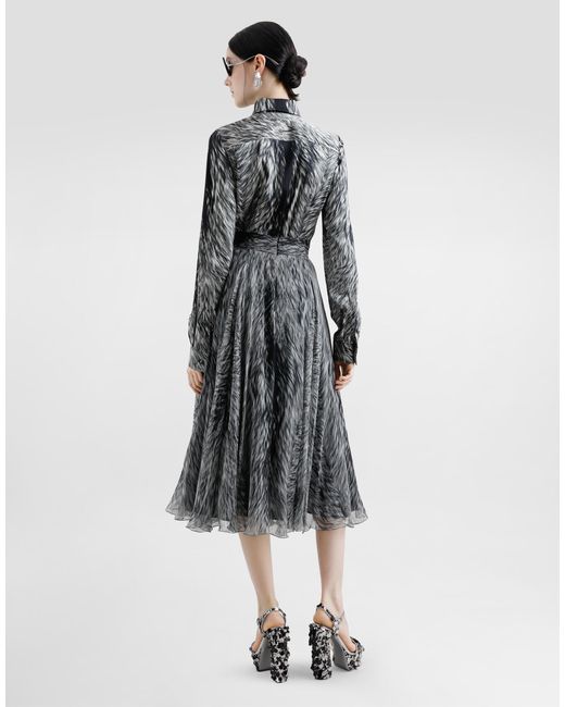 Dolce & Gabbana Gray Chiffon Calf-Length Circle Skirt With Fur Print