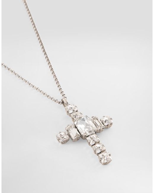 Dolce & Gabbana Cross Necklace With Rhinestones White