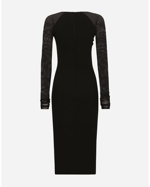 Dolce & Gabbana Black Jersey Calf-Length Dress With Tulle Sleeves