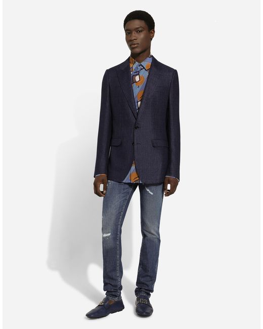 メンズ Dolce & Gabbana シングルブレストブレザー タオルミーナフィット リネンブレンド Blue